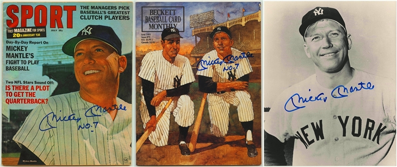 Lot of (3) Mickey Mantle Signed Items- (2) Magazines and (1) Black and White Photograph (PSA/DNA)